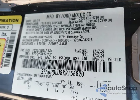 2019 Ford Fusion Hybrid Se z USA, uszkodzony, nr VIN 3FA6P0LU8KR156820